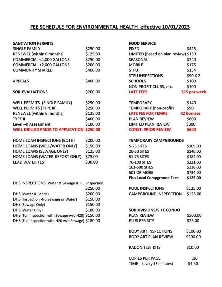 Image of the Environmental Health fee schedule