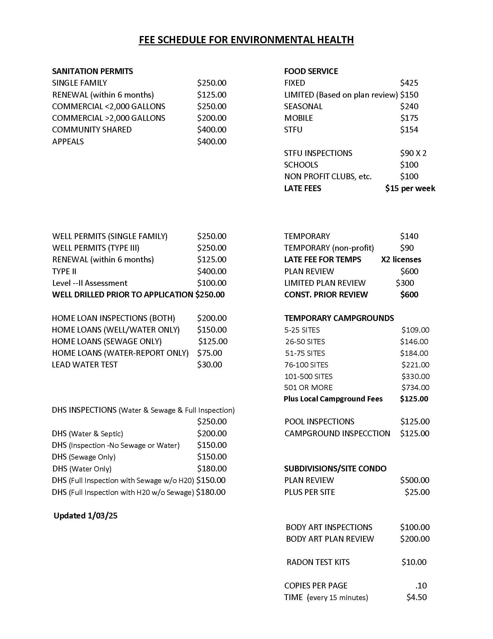 EH Fee Schedule for Services offered