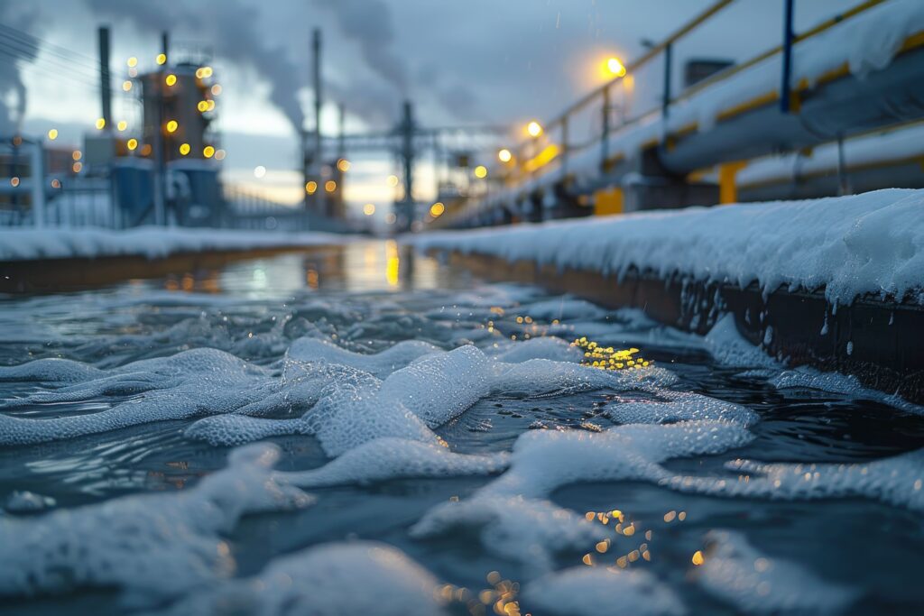 Foam floating on the surface of a Michigan lake, possibly containing PFAS or other contaminants.