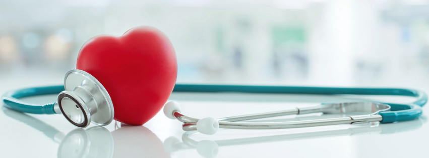 Red heart with a stethoscope, representing heart health and the free community health screenings offered by the Cass County Council on Aging.