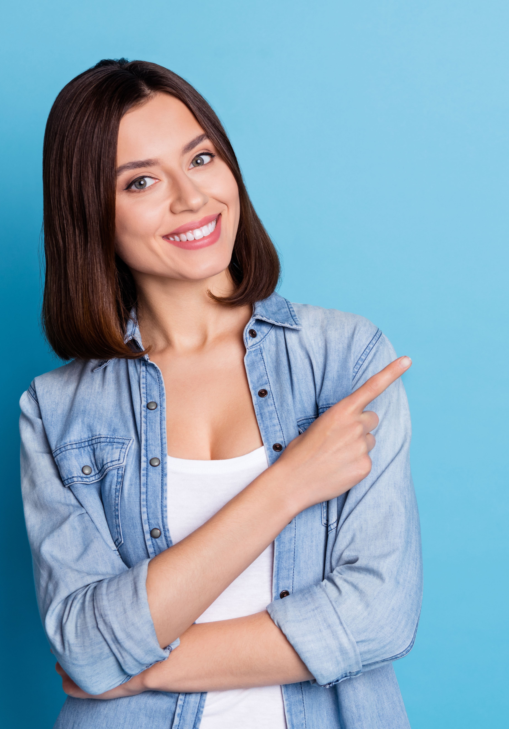 Woman pointing toward information about immunization.